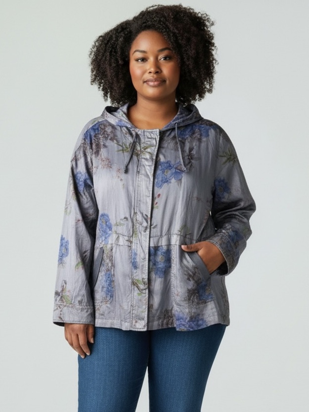 Chico’s XL Blue Hooded Blossom Jacket Long Sleeve Lyocell NWT